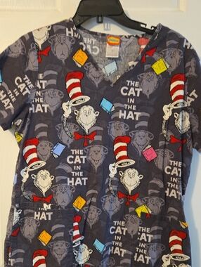 Dr. Seuss Cat in the Hat Scrub Top - Gray with Red, Yellow, Blue, Pink Accents